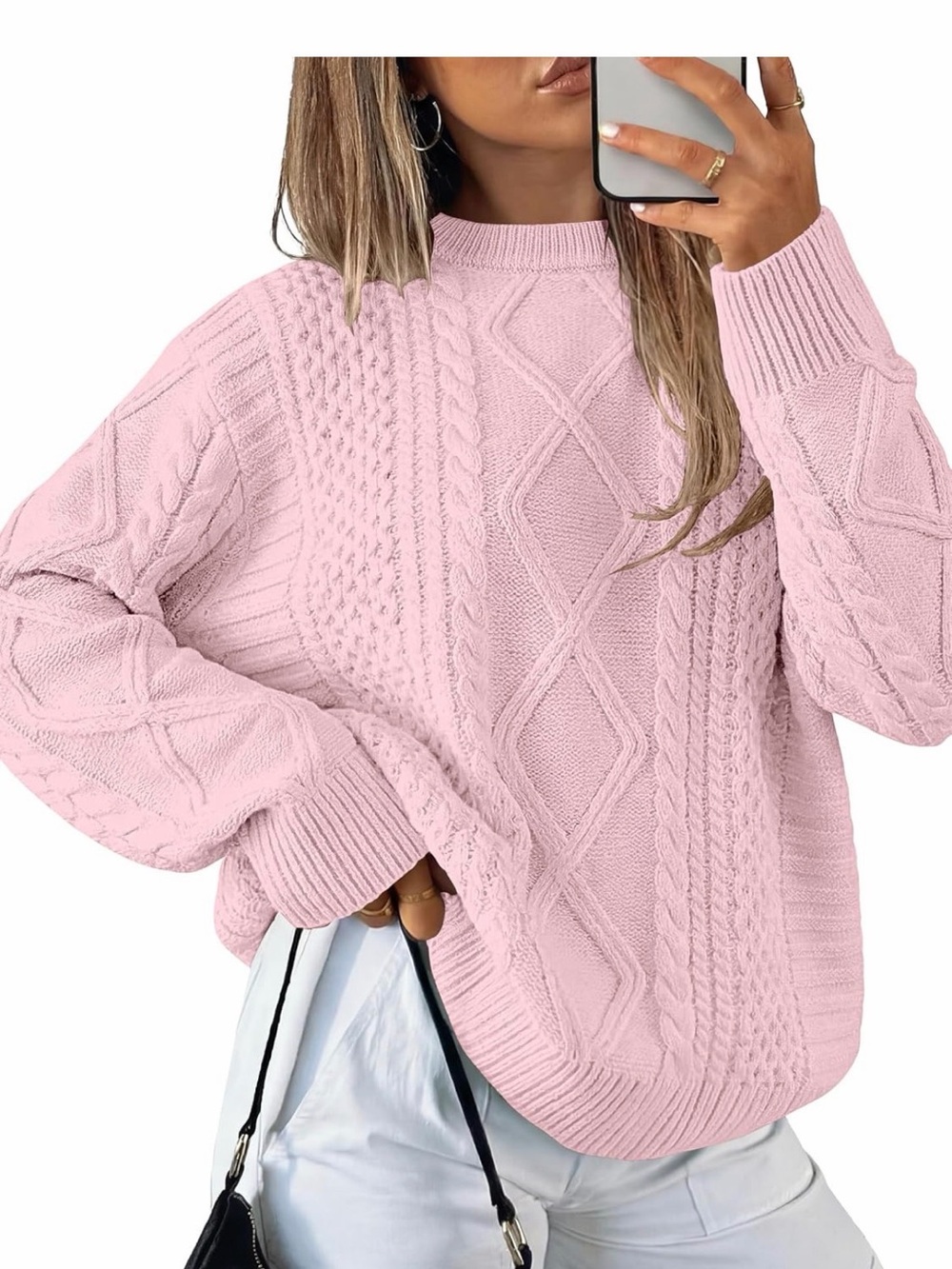 Anrabess Women's oversized Cable Knit Sweater - Pink
